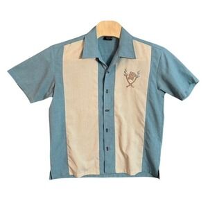 Steady Last Call Mens Tiki Bowling Shirt Blue Cream Rockabilly Medium USA Made